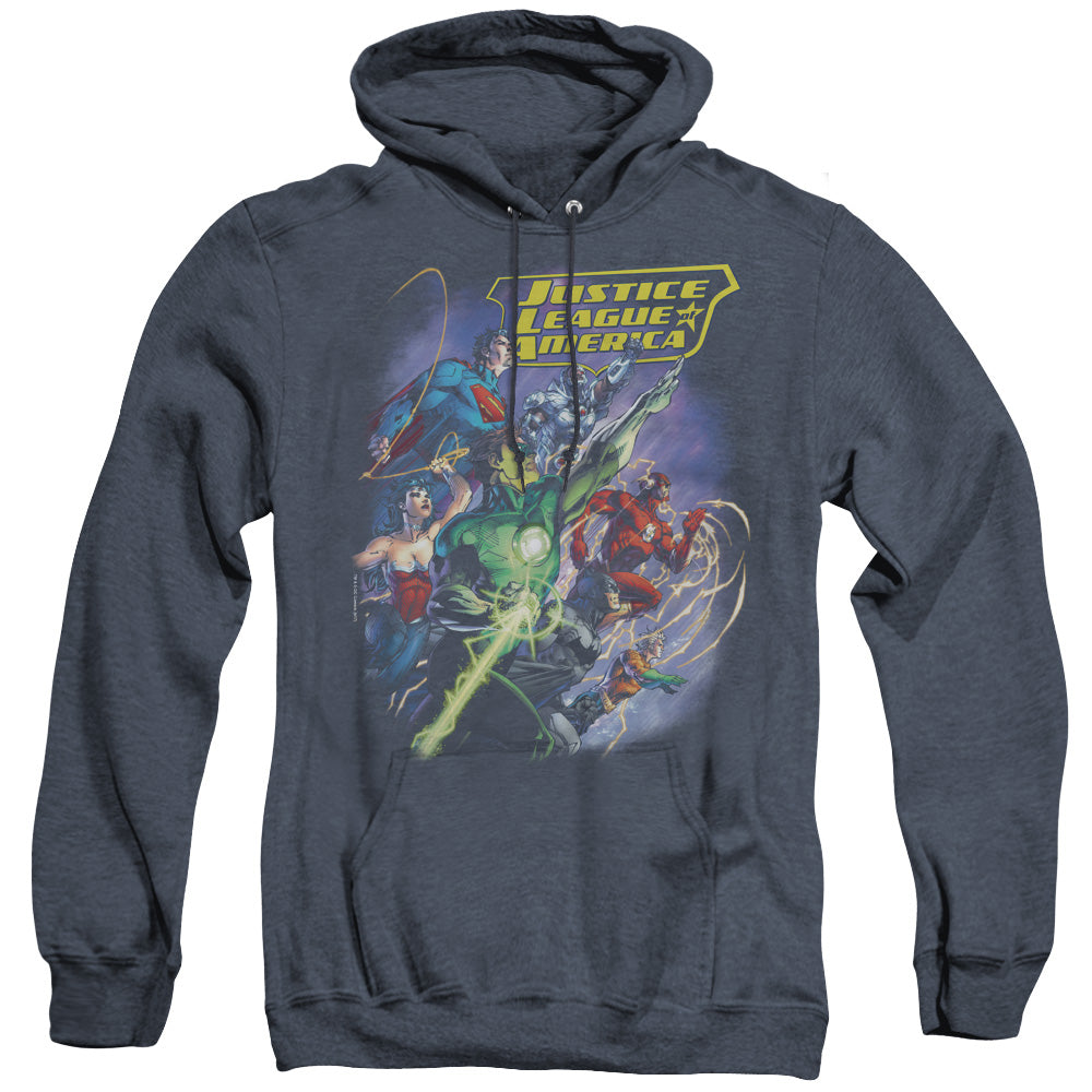 AN OFFCIALLY LICENSED JLA ONWARD ADULT UNISEX HEATHER PULLOVER HOODIE NAVY