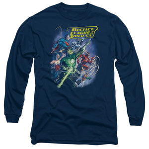 AN OFFCIALLY LICENSED JLA ONWARD MEN'S LONG SLEEVE T-SHIRT NAVY