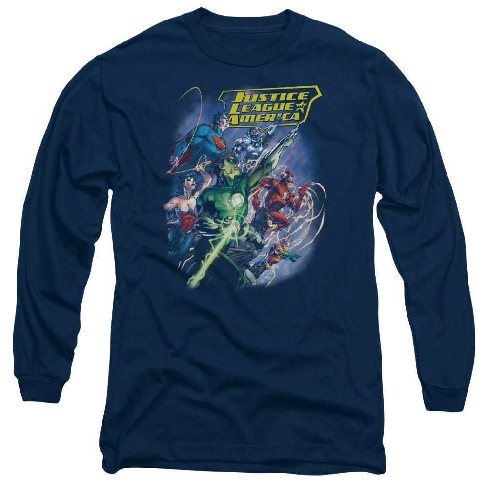 AN OFFCIALLY LICENSED JLA ONWARD MEN'S LONG SLEEVE T-SHIRT NAVY