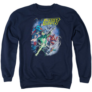 AN OFFCIALLY LICENSED JLA ONWARD ADULT UNISEX CREWNECK SWEATSHIRT NAVY