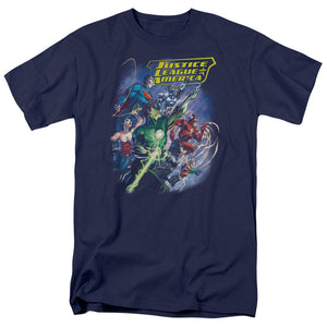 AN OFFCIALLY LICENSED JLA ONWARD MEN'S REGULAR FIT T-SHIRT NAVY