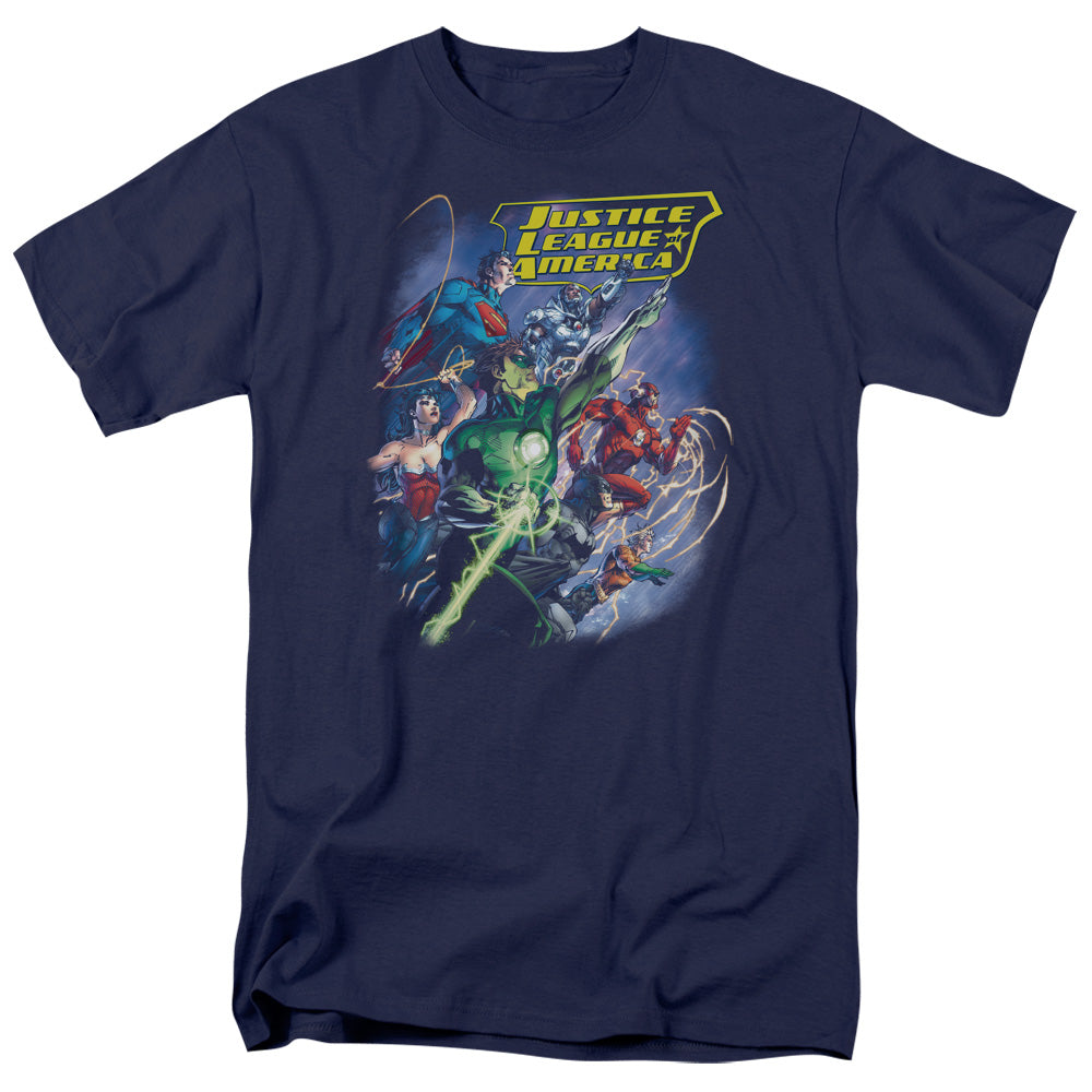 AN OFFCIALLY LICENSED JLA ONWARD MEN'S REGULAR FIT T-SHIRT NAVY