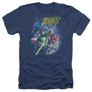 AN OFFCIALLY LICENSED JLA ONWARD MEN'S HEATHER T-SHIRT NAVY