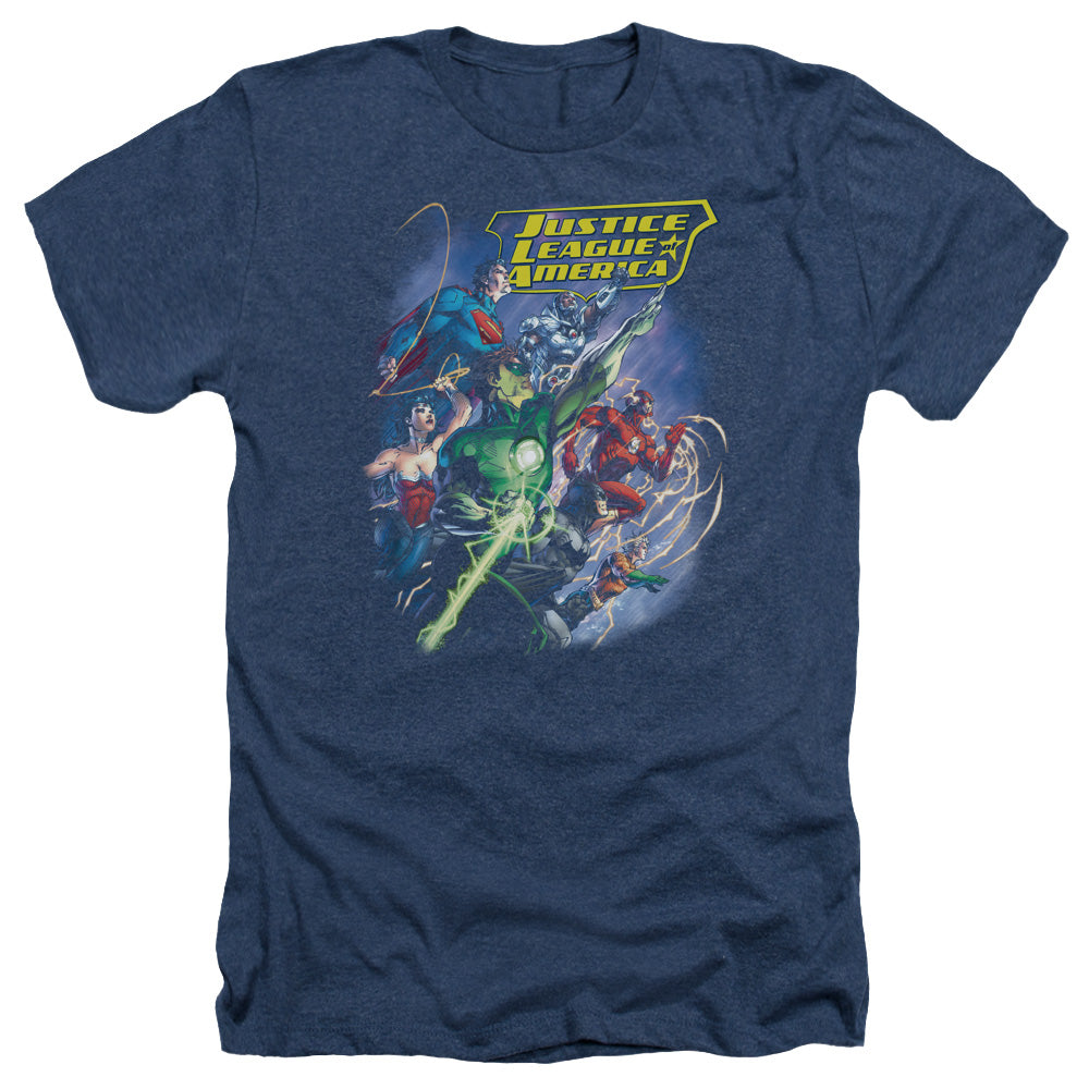 AN OFFCIALLY LICENSED JLA ONWARD MEN'S HEATHER T-SHIRT NAVY
