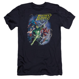 AN OFFCIALLY LICENSED JLA ONWARD MEN'S PREMIUM SLIM FIT T-SHIRT NAVY
