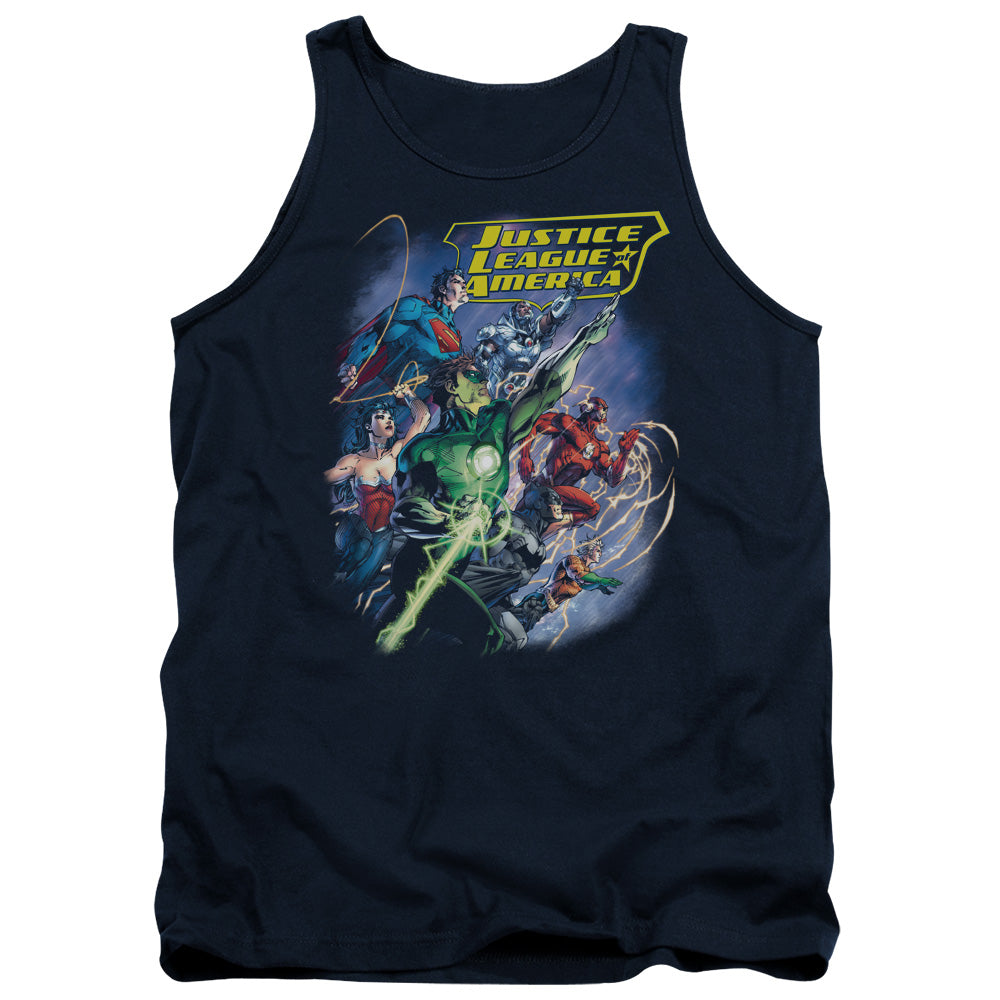 AN OFFCIALLY LICENSED JLA ONWARD ADULT UNISEX TANK TOP NAVY