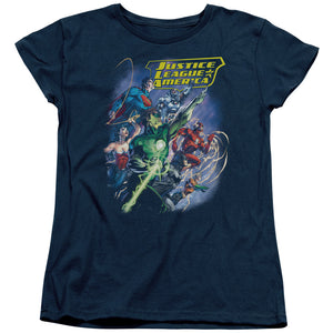 AN OFFCIALLY LICENSED JLA ONWARD WOMEN'S REGULAR FIT T-SHIRT NAVY