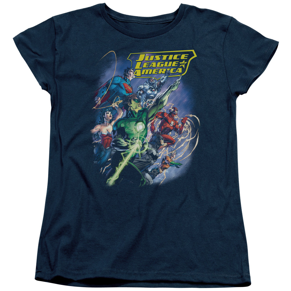 AN OFFCIALLY LICENSED JLA ONWARD WOMEN'S REGULAR FIT T-SHIRT NAVY
