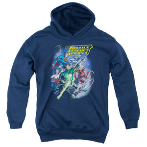 AN OFFCIALLY LICENSED JLA ONWARD YOUTH HOODIE NAVY