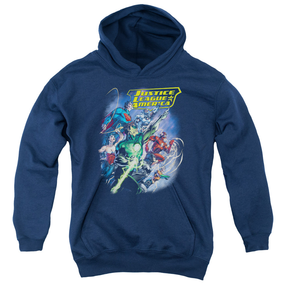 AN OFFCIALLY LICENSED JLA ONWARD YOUTH HOODIE NAVY
