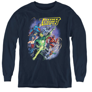 AN OFFCIALLY LICENSED JLA ONWARD YOUTH LONG SLEEVE T-SHIRT NAVY