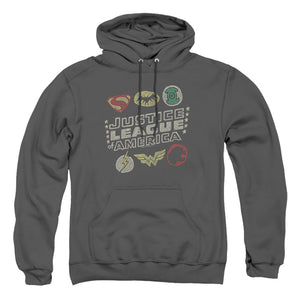 AN OFFCIALLY LICENSED JLA SYMBOLS ADULT UNISEX PULLOVER HOODIE CHARCOAL