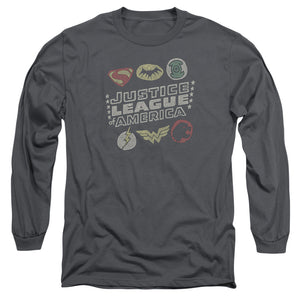 AN OFFCIALLY LICENSED JLA SYMBOLS MEN'S LONG SLEEVE T-SHIRT CHARCOAL