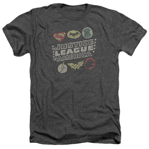AN OFFCIALLY LICENSED JLA SYMBOLS MEN'S HEATHER T-SHIRT CHARCOAL