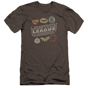 AN OFFCIALLY LICENSED JLA SYMBOLS MEN'S PREMIUM SLIM FIT T-SHIRT CHARCOAL