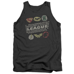 AN OFFCIALLY LICENSED JLA SYMBOLS ADULT UNISEX TANK TOP CHARCOAL