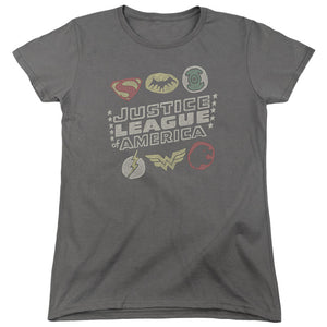 AN OFFCIALLY LICENSED JLA SYMBOLS WOMEN'S REGULAR FIT T-SHIRT CHARCOAL