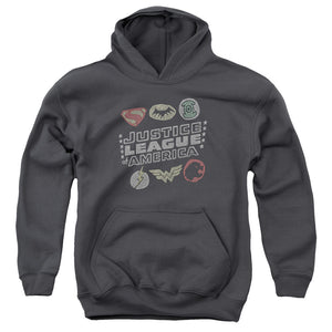 AN OFFCIALLY LICENSED JLA SYMBOLS YOUTH HOODIE CHARCOAL