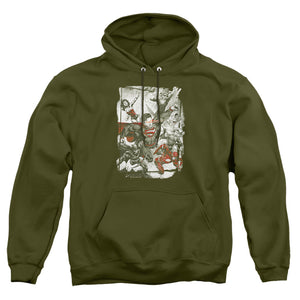 AN OFFCIALLY LICENSED JLA GREEN AND RED ADULT UNISEX PULLOVER HOODIE MILITARY GREEN