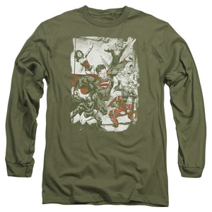 AN OFFCIALLY LICENSED JLA GREEN AND RED MEN'S LONG SLEEVE T-SHIRT MILITARY GREEN