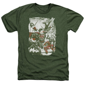 AN OFFCIALLY LICENSED JLA GREEN AND RED MEN'S HEATHER T-SHIRT MILITARY GREEN