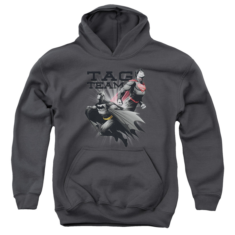 AN OFFCIALLY LICENSED JLA TAG TEAM YOUTH HOODIE CHARCOAL