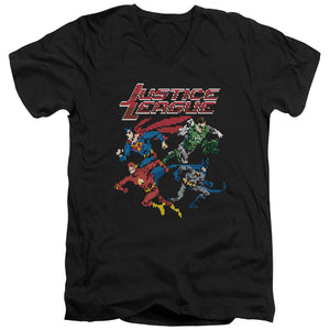AN OFFCIALLY LICENSED JLA PIXEL LEAGUE MEN'S V-NECK T-SHIRT BLACK