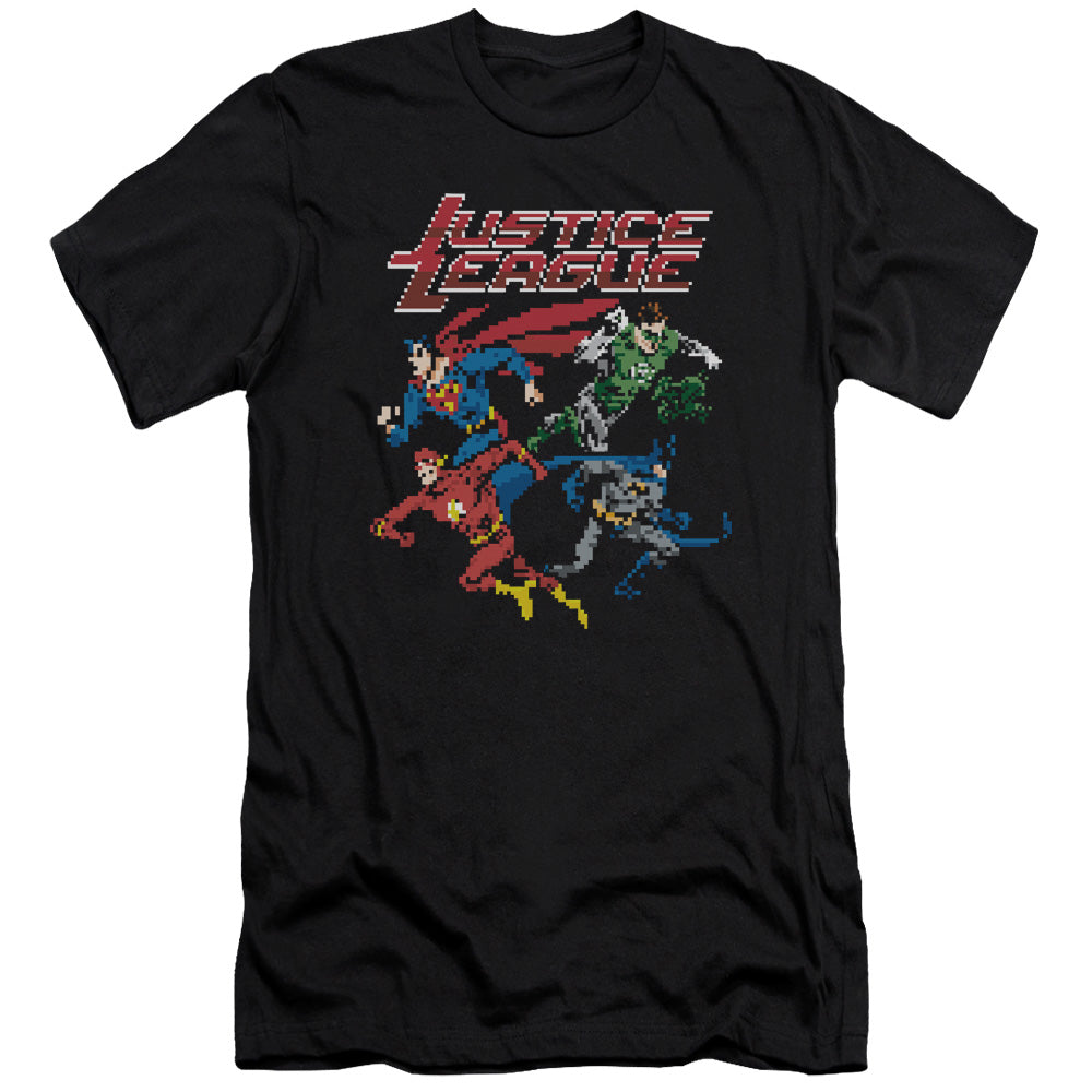 AN OFFCIALLY LICENSED JLA PIXEL LEAGUE MEN'S PREMIUM SLIM FIT T-SHIRT BLACK