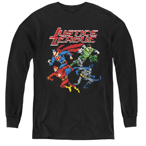 AN OFFCIALLY LICENSED JLA PIXEL LEAGUE YOUTH LONG SLEEVE T-SHIRT BLACK
