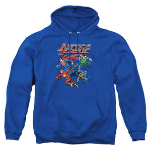 AN OFFCIALLY LICENSED JLA PIXEL LEAGUE ADULT UNISEX PULLOVER HOODIE ROYAL