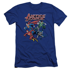 AN OFFCIALLY LICENSED JLA PIXEL LEAGUE MEN'S PREMIUM SLIM FIT T-SHIRT ROYAL