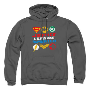 AN OFFCIALLY LICENSED JLA PIXEL LOGOS ADULT UNISEX PULLOVER HOODIE CHARCOAL