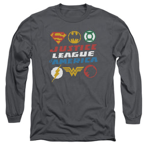 AN OFFCIALLY LICENSED JLA PIXEL LOGOS MEN'S LONG SLEEVE T-SHIRT CHARCOAL