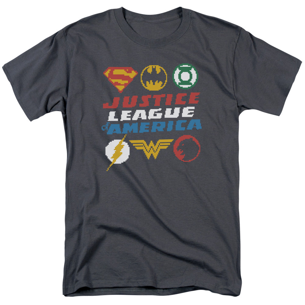 AN OFFCIALLY LICENSED JLA PIXEL LOGOS MEN'S REGULAR FIT T-SHIRT CHARCOAL