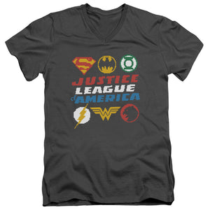 AN OFFCIALLY LICENSED JLA PIXEL LOGOS MEN'S V-NECK T-SHIRT CHARCOAL