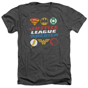 AN OFFCIALLY LICENSED JLA PIXEL LOGOS MEN'S HEATHER T-SHIRT CHARCOAL