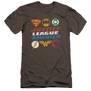 AN OFFCIALLY LICENSED JLA PIXEL LOGOS MEN'S PREMIUM SLIM FIT T-SHIRT CHARCOAL