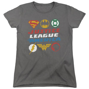 AN OFFCIALLY LICENSED JLA PIXEL LOGOS WOMEN'S REGULAR FIT T-SHIRT CHARCOAL