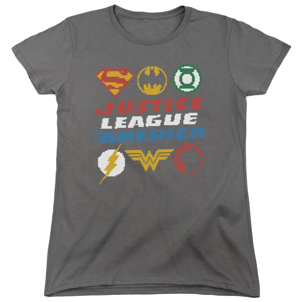 AN OFFCIALLY LICENSED JLA PIXEL LOGOS WOMEN'S REGULAR FIT T-SHIRT CHARCOAL