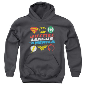 AN OFFCIALLY LICENSED JLA PIXEL LOGOS YOUTH HOODIE CHARCOAL