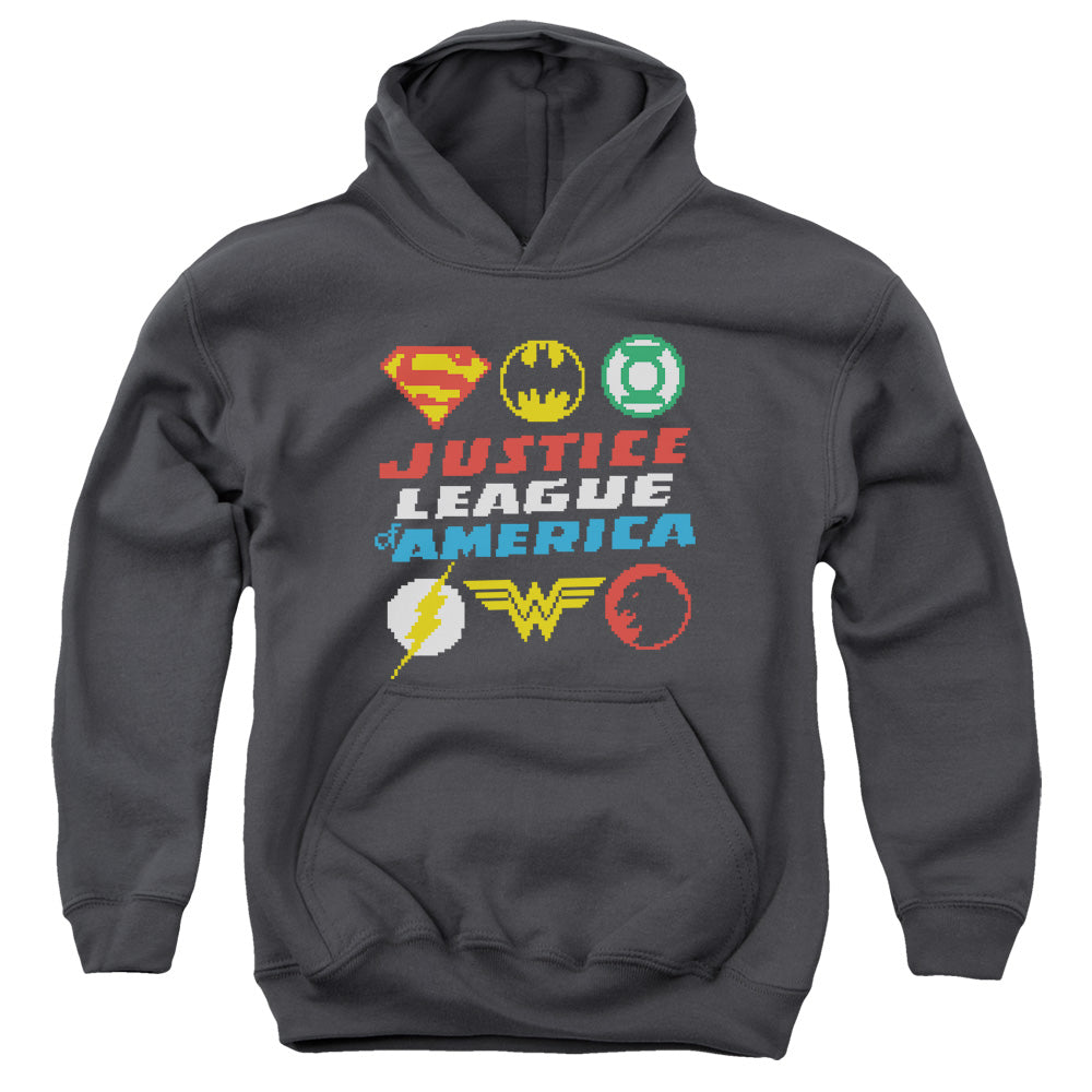 AN OFFCIALLY LICENSED JLA PIXEL LOGOS YOUTH HOODIE CHARCOAL