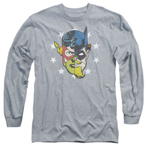 AN OFFCIALLY LICENSED JLA FACE OFF MEN'S LONG SLEEVE T-SHIRT ATHLETIC HEATHER
