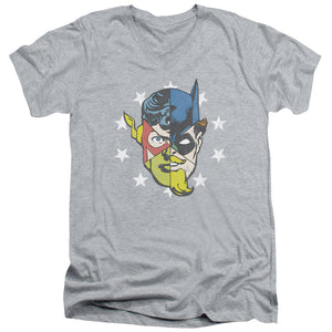 AN OFFCIALLY LICENSED JLA FACE OFF MEN'S V-NECK T-SHIRT ATHLETIC HEATHER