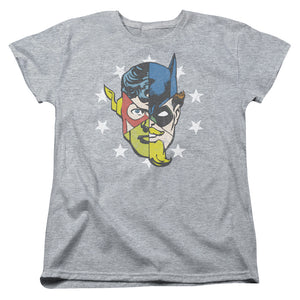 AN OFFCIALLY LICENSED JLA FACE OFF WOMEN'S REGULAR FIT T-SHIRT ATHLETIC HEATHER