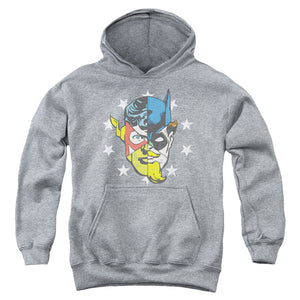 AN OFFCIALLY LICENSED JLA FACE OFF YOUTH HOODIE ATHLETIC HEATHER