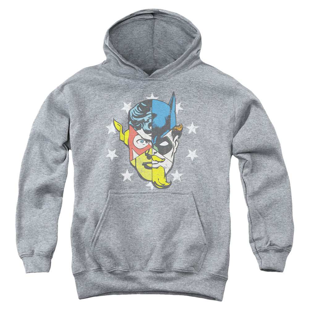 AN OFFCIALLY LICENSED JLA FACE OFF YOUTH HOODIE ATHLETIC HEATHER