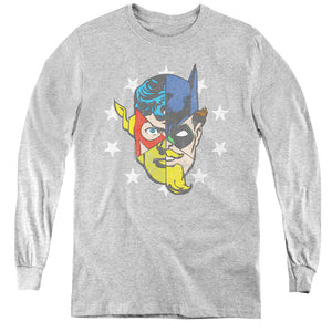 AN OFFCIALLY LICENSED JLA FACE OFF YOUTH LONG SLEEVE T-SHIRT ATHLETIC HEATHER