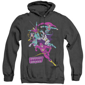 AN OFFCIALLY LICENSED JLA COLORFUL LEAGUE ADULT UNISEX HEATHER PULLOVER HOODIE BLACK
