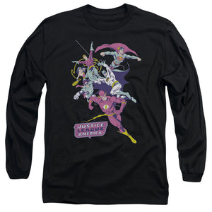 AN OFFCIALLY LICENSED JLA COLORFUL LEAGUE MEN'S LONG SLEEVE T-SHIRT BLACK