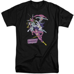 AN OFFCIALLY LICENSED JLA COLORFUL LEAGUE MEN'S TALL FIT T-SHIRT BLACK
